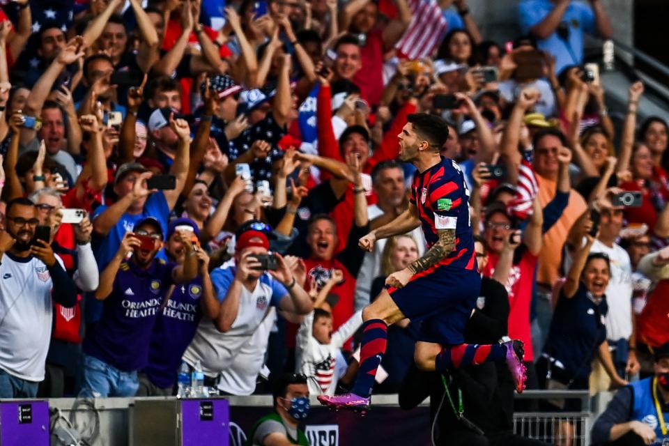 Christian Pulisic celebrates after scoring one of his three goals as the USMNT routed Panama 5-1 to move within overwhelming likelihood of clinching a World Cup spot. (Photo by CHANDAN KHANNA/AFP via Getty Images)