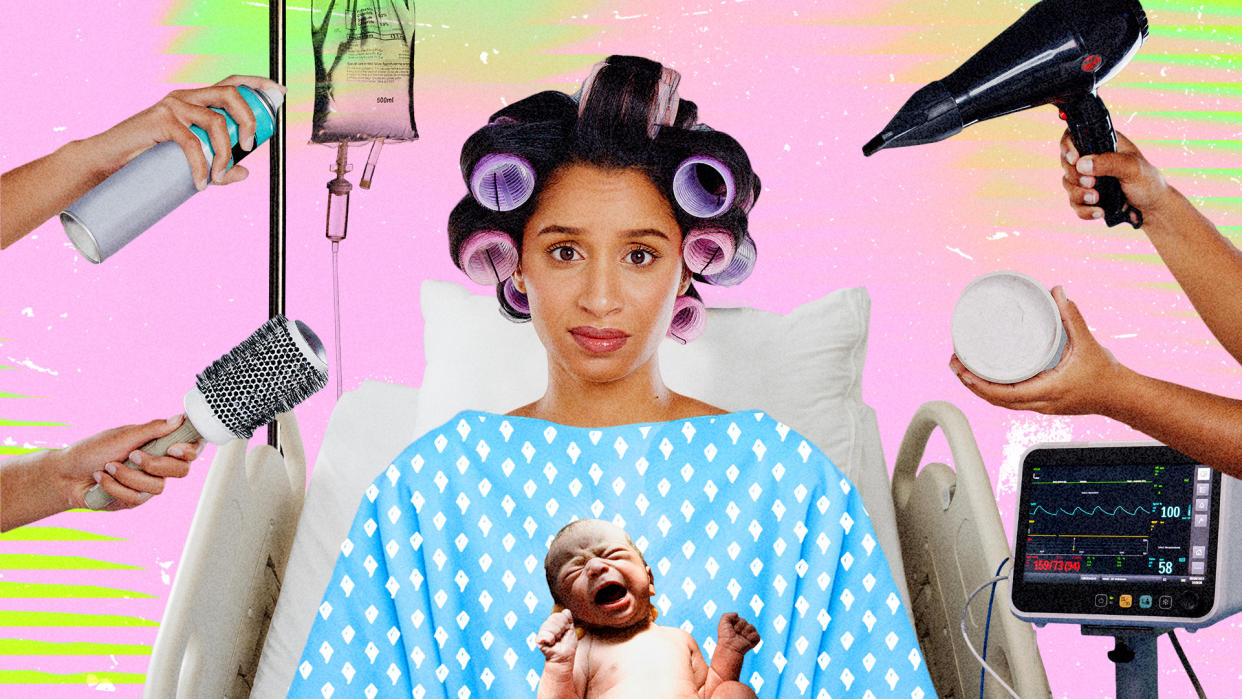 Beauty before baby? Why some moms feel the urge to glam up before going into labor. (Image: Getty; illustrated by Nathalie Cruz)