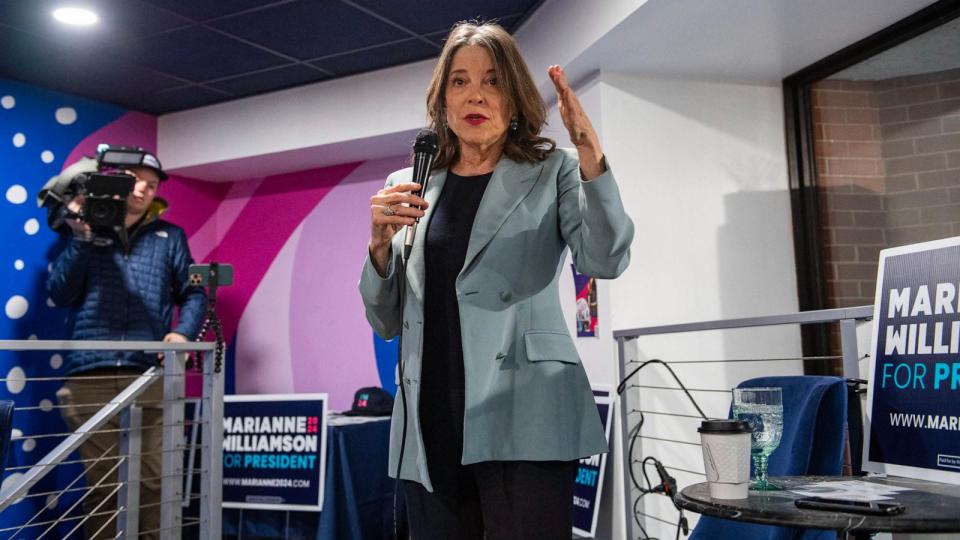 PHOTO: Democratic presidential hopeful Marianne Williamson speaks during a campaign event in Concord, New Hampshire, on Jan. 17, 2024. (Joseph Prezioso/AFP via Getty Images)