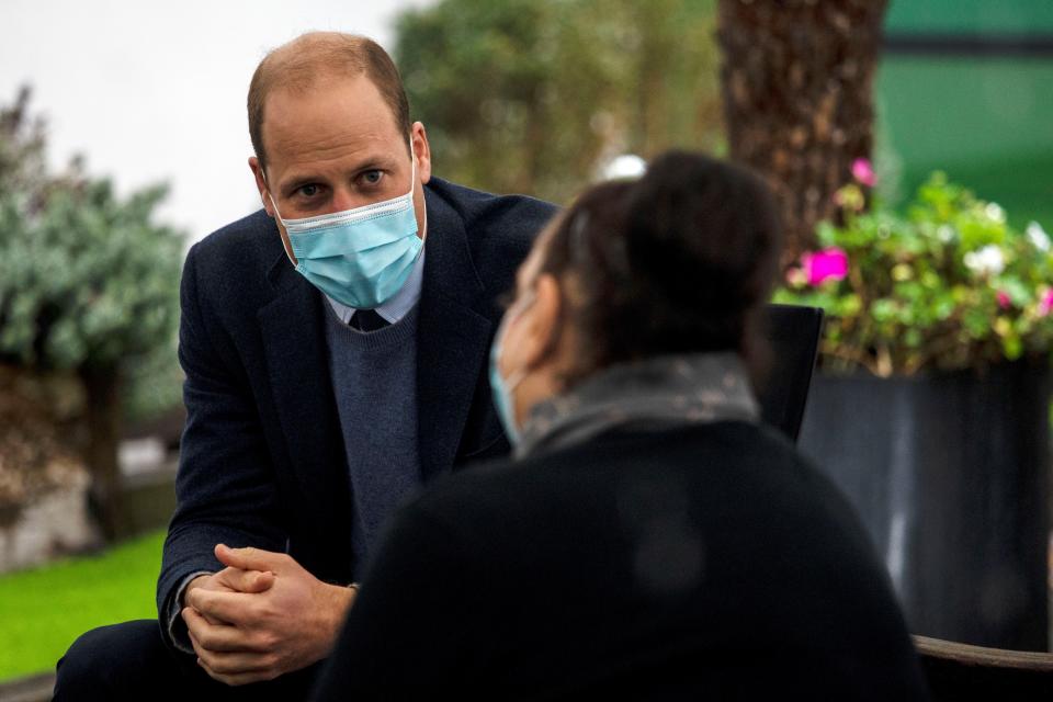 Britain's Prince William, Duke of Cambridge meets patients and staff during a visit to attend the ground-breaking ceremony for the Oak Cancer Centre at The Royal Marsden hospital in central London on October 21, 2020. (Photo by Jack Hill / POOL / AFP) (Photo by JACK HILL/POOL/AFP via Getty Images)