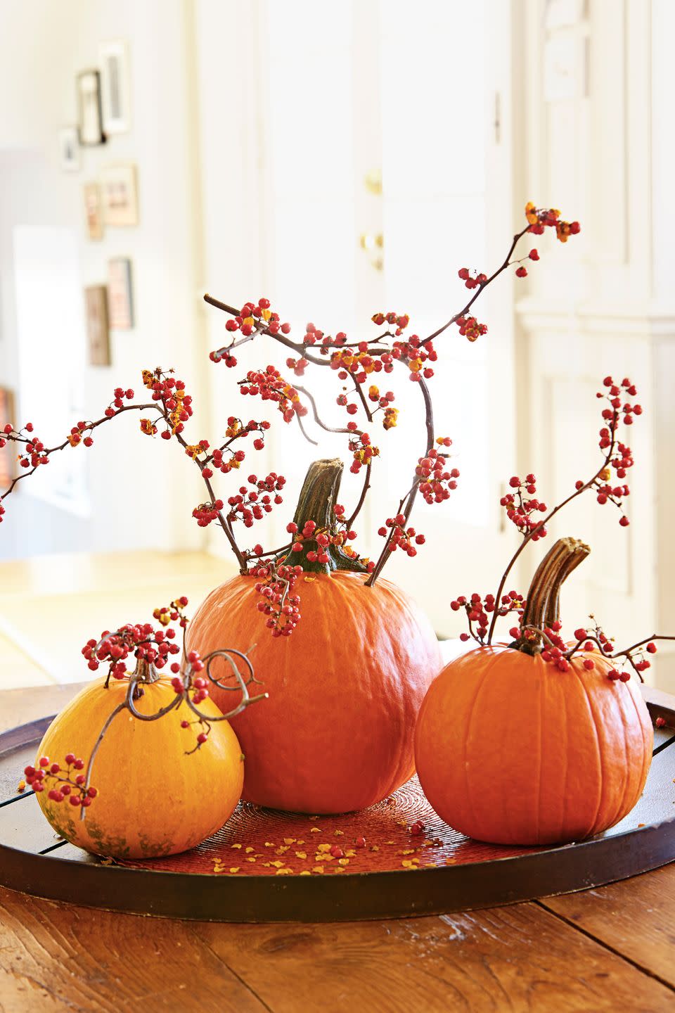 <p>Show off colorful berries by simply drilling a few small holes into pumpkins and inserting the branches. </p>