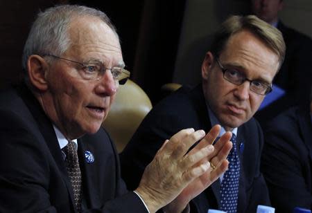 Germany's Finance Minister Wolfgang Schaeuble (L) speaks alongside Jens Weidmann, President of the Deutsche Bundesbank, at the G20 Central Bank Governors and Finance Ministers annual meeting in Sydney, February 23, 2014. REUTERS/Jason Reed