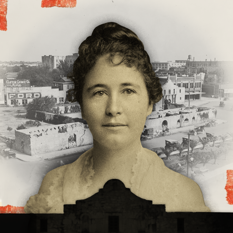 Collage of Adina De Zavala and the Alamo.