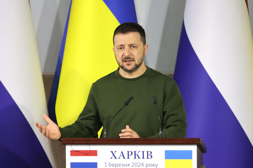 President Volodymyr Zelenskyy is attending a news conference with Prime Minister of the Netherlands Mark Rutte in Kharkiv, Ukraine, on March 1, 2024. (Photo by Ukrinform/NurPhoto via Getty Images)