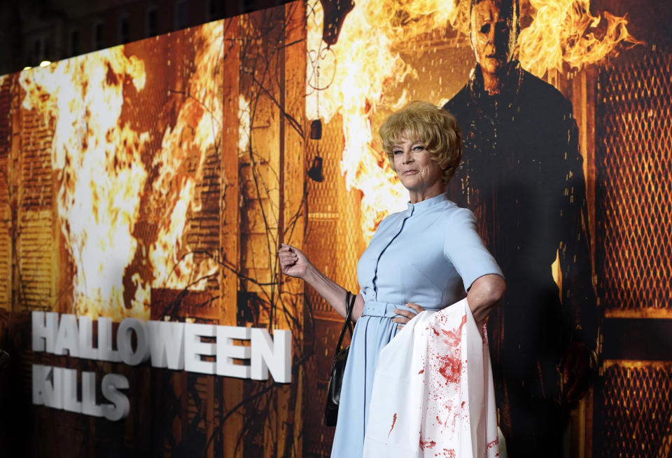 Jamie Lee Curtis, star and executive producer of "Halloween Kills," poses at the premiere of the film, Tuesday, Oct. 12, 2021, at the TCL Chinese Theatre in Los Angeles. (AP Photo/Chris Pizzello)