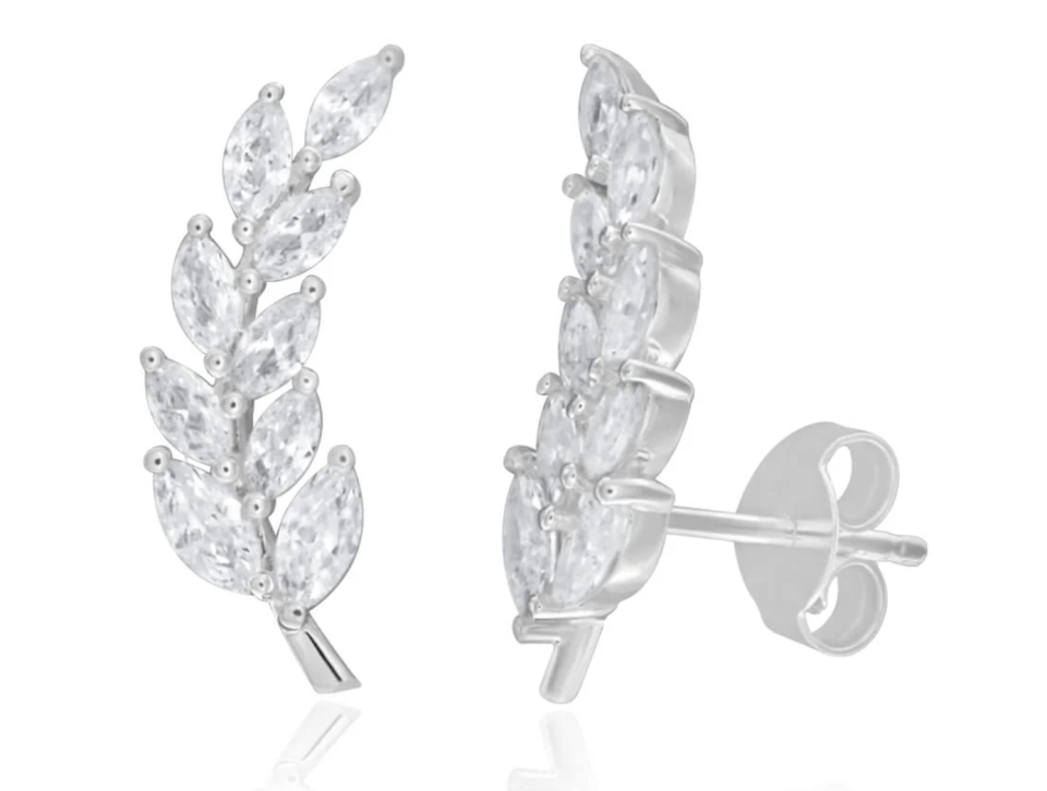 A pair of Sterling Silver Cubic Zirconia Fancy Leaf Ear Curve Stud Earrings. 