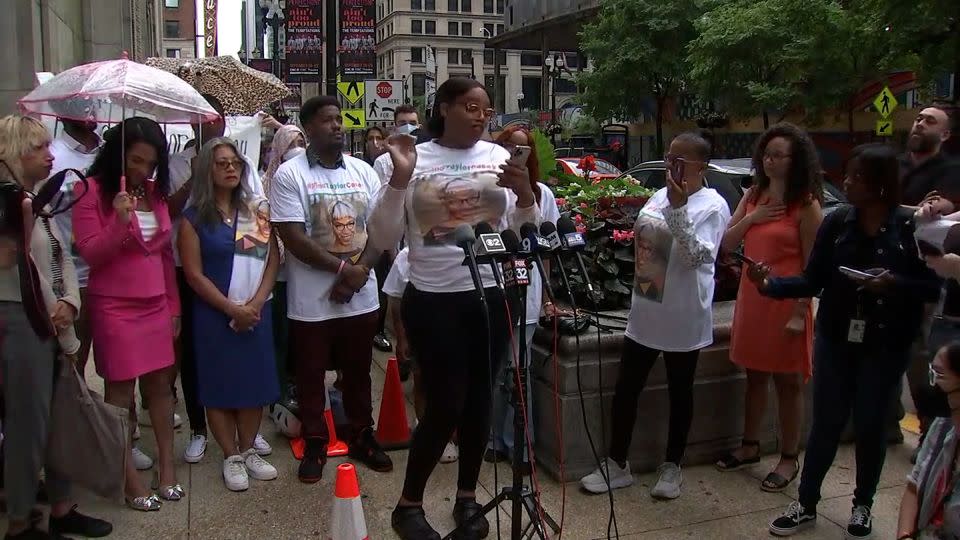 Dr. Zara Bee, a friend of Taylor Casey's, speaks at a press conference held on July 11, 2024, in Chicago. - WLS