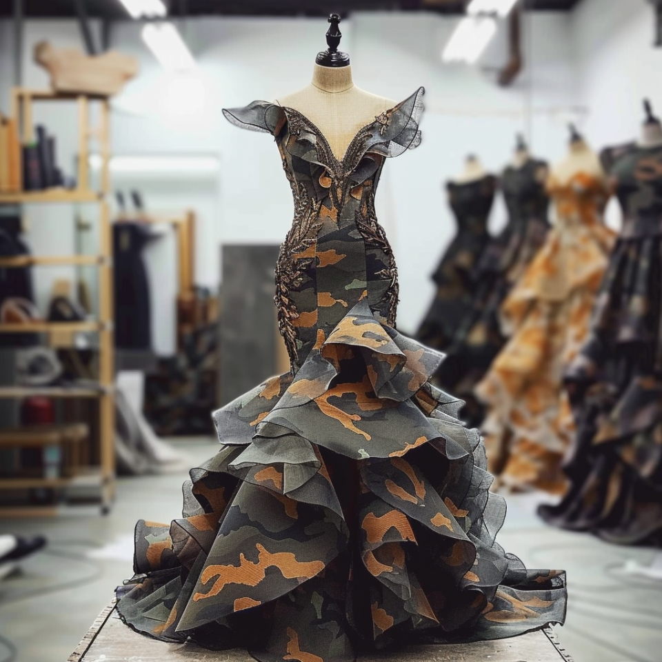 Elegant camouflage-patterned gown with layered ruffles on a mannequin, in a design studio