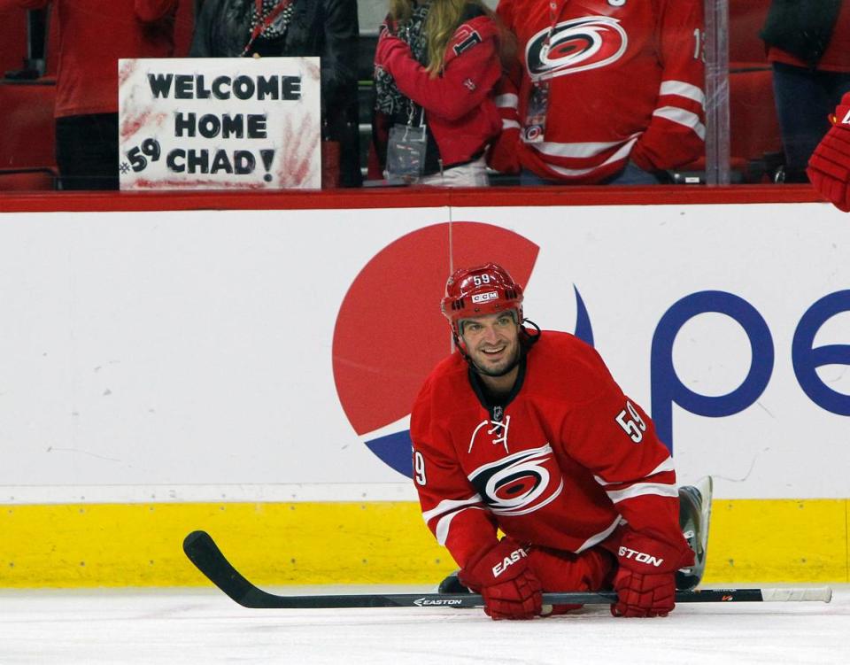 Canes fans welcome Chad LaRose back before a preseason NHL game played between the Carolina Hurricanes and the Buffalo Sabres at PNC Arena in Raleigh, N.C. on Oct. 3, 2014. LaRose is back on a tryout with the team after being out last season.