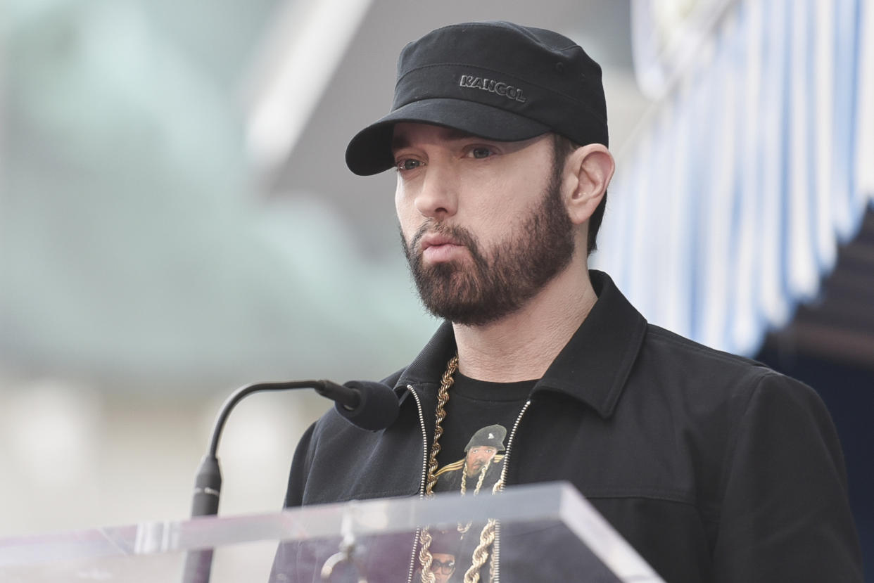 Eminem attends a ceremony honoring Curtis "50 cent" Jackson Honored with a Star on the Hollywood Walk of Fame with a star on the Hollywood Walk of Fame on Thursday, Jan. 30, 2020, in Los Angeles. (Photo by Richard Shotwell/Invision/AP)