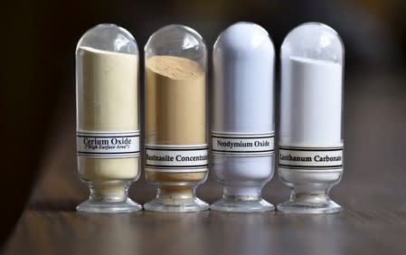 FILE PHOTO: Samples of rare earth minerals Cerium oxide, Bastnaesite, Neodymium oxide and Lanthanum carbonate at Molycorp's Mountain Pass Rare Earth facility