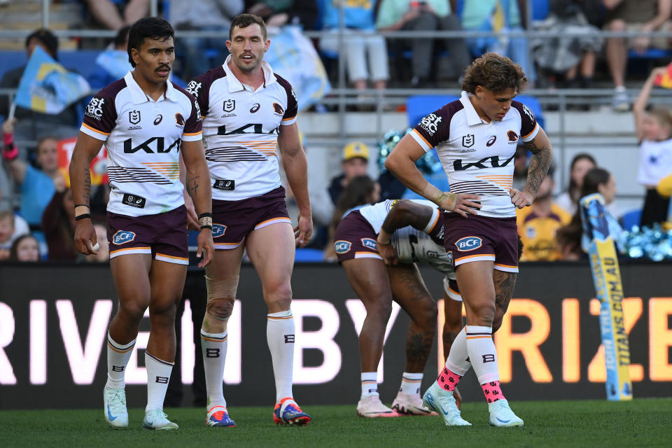 GOLD COAST, AUSTRALIA - AUGUST 03: Reece Walsh of the Broncos looks dejected during the round 22 NRL match between Gold Coast Titans and Brisbane Broncos at Cbus Super Stadium, on August 03, 2024, in Gold Coast, Australia. (Photo by Matt Roberts/Getty Images)