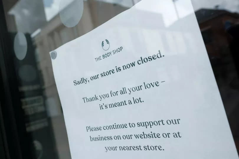 A sign in the window of the permanently closed Linthorpe Road branch of high street cosmetics chain The Body Shop