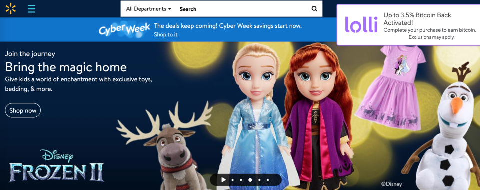 Walmart's homepage, with the Lolli rewards plug-in activated.