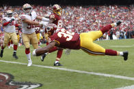 <p>Washington Redskins running back Samaje Perine (32) dives into the end zone for a touchdown during the first half of an NFL football game against the San Francisco 49ers in Landover, Md., Sunday, Oct. 15, 2017. (AP Photo/Pablo Martinez Monsivais) </p>