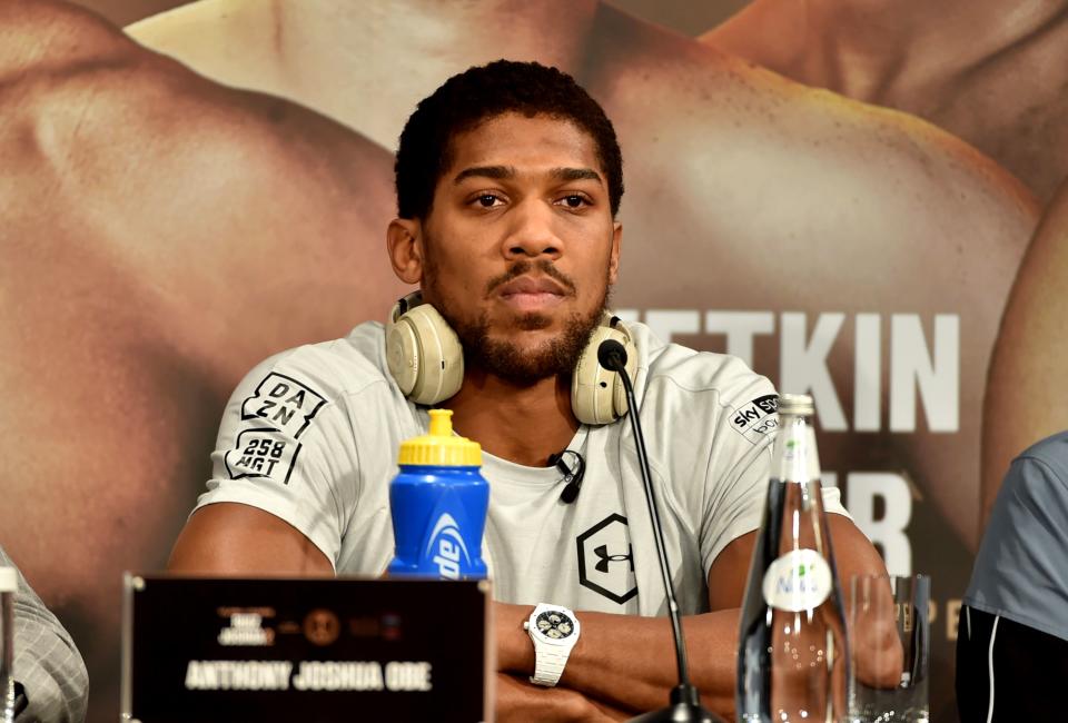 British heavyweight boxing challenger Anthony Joshua is pictured during a press conference in Diriyah in the Saudi capital Riyadh, on December 4, 2019, ahead of the upcoming "Clash on the Dunes". - The hotly-anticipated rematch between Ruiz Jr and British challenger Anthony Joshua is scheduled to take place in Diriya, near the Saudi capital on December 7. (Photo by FAYEZ NURELDINE / AFP) (Photo by FAYEZ NURELDINE/AFP via Getty Images)
