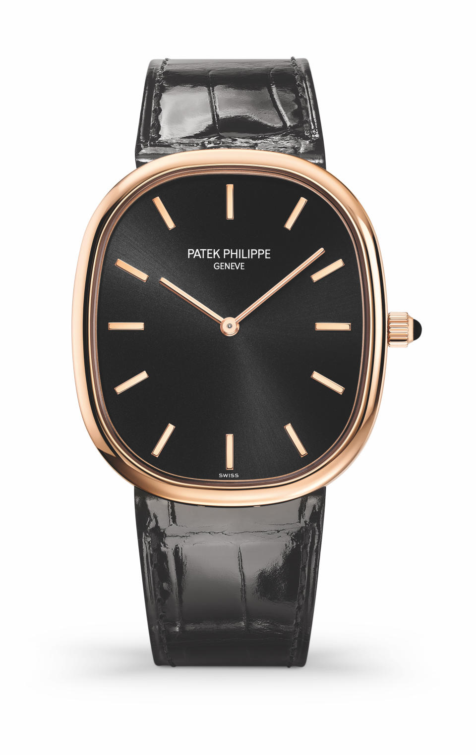 Patek Philippe’s Ref. 5738R Golden Ellipse in rose gold with ebony black sunburst dial and applied gold hour markers.