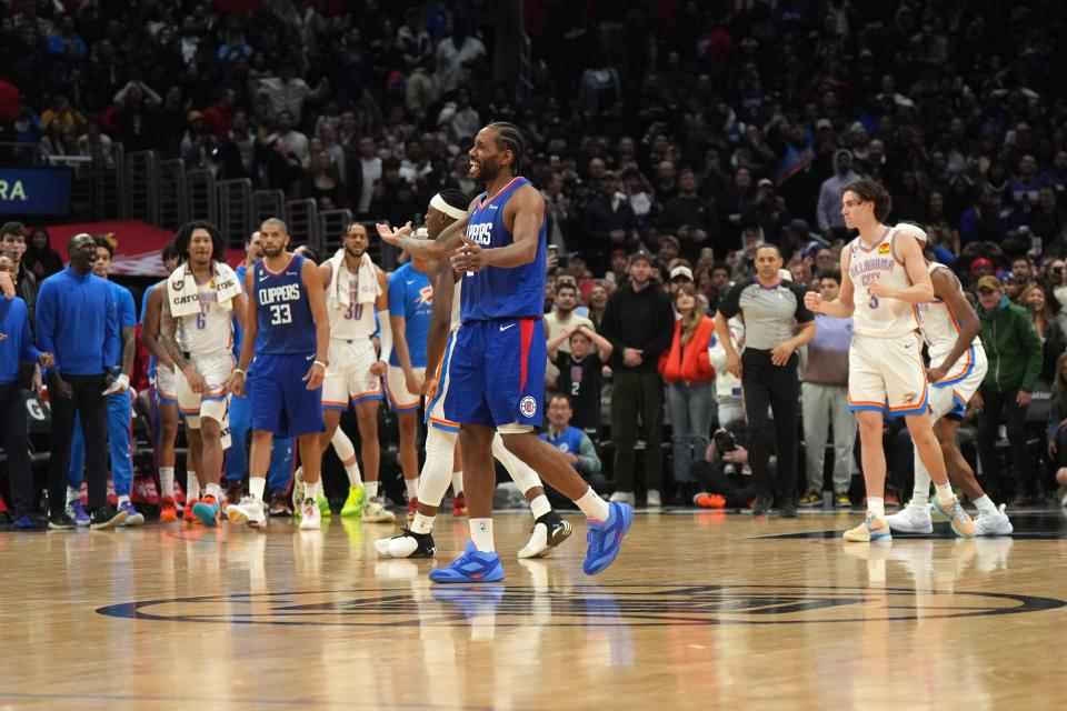 Mar 21, 2023; Los Angeles, California, USA; LA Clippers forward Kawhi Leonard (2) reacts after shooting the ball as time expired against the Oklahoma City Thunder at Crypto.com Arena. Mandatory Credit: Kirby Lee-USA TODAY Sports