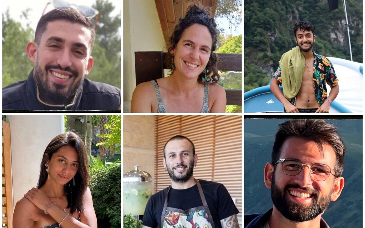 Murdered Israeli hostages Ori Danino, Carmel Gat, Hersh Goldberg-Polin, Eden Yerushalmi, Alexander Lobanov, and Almog Sarusibroke