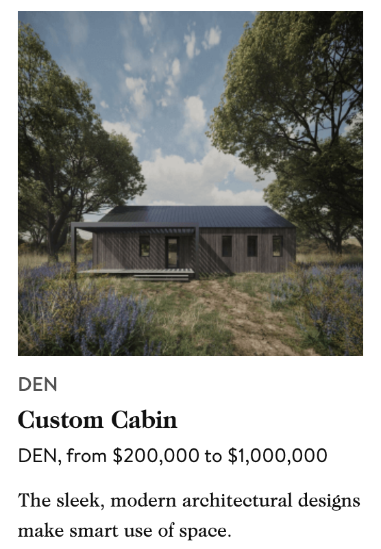 a cabin under a big tree price range from $20,000 to $1,000,000