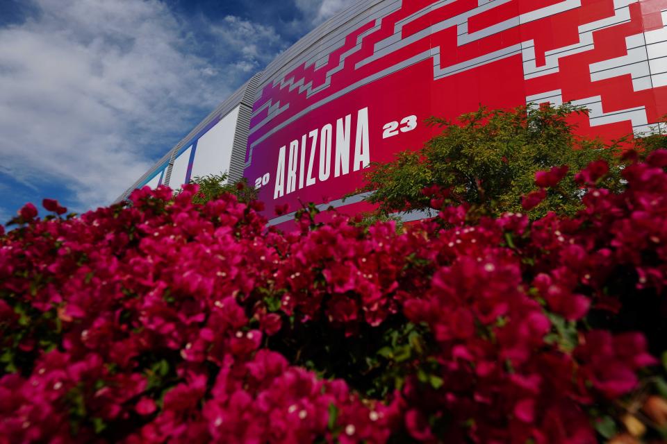 A general view of flowers outside the stadium before Super Bowl LVII between the Kansas City Chiefs and Philadelphia Eagles at State Farm Stadium on Feb. 12, 2023, in Glendale, Ariz.