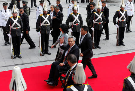 Ecuador's President-elect Lenin Moreno (C) waves while arriving at the National Assembly for his inauguration ceremony, in Quito, Ecuador May 24, 2017. REUTERS/Henry Romero