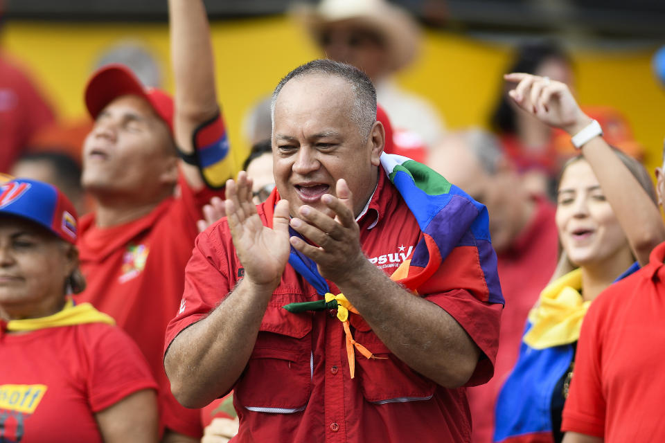 Socialist Party President Diosdado Cabello claps at a pro-government rally in Caracas, Venezuela, Saturday, Nov. 16, 2019. Crowds gathered in the Venezuelan’s capital for rival demonstrations on Saturday. Opposition leader Juan Guaido called for Saturday’s nationwide demonstrations to re-ignite a campaign against President Nicolas Maduro launched in January that has lost steam in recent months. (AP Photo/Matias Delacroix)