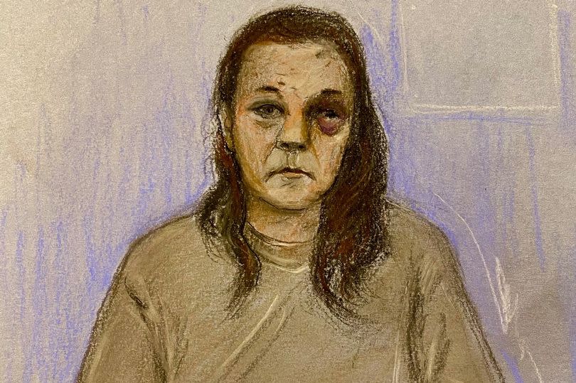 Court artist sketch by Elizabeth Cook of Gemma Watts, 48, appearing video link at Old Bailey, London, charged with the prevention of the lawful and decent burial of a body, and the murder of Sarah Mayhew, whose remains were found in a park in New Addington, Croydon