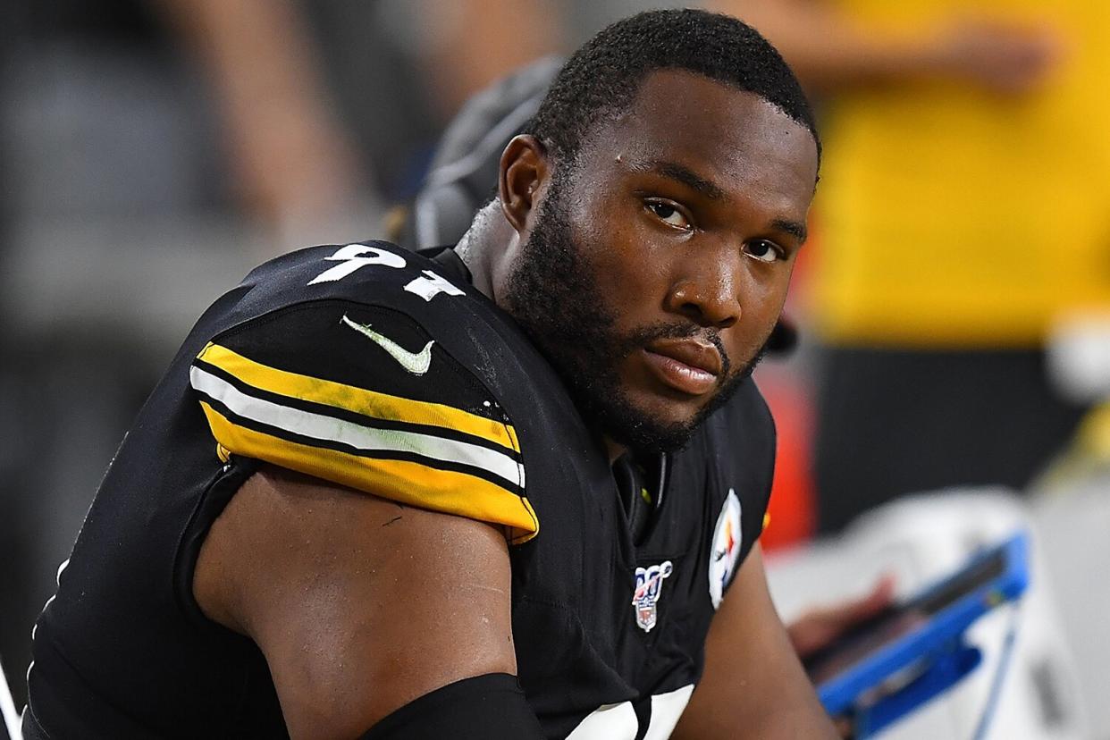 Stephon Tuitt #91 of the Pittsburgh Steelers looks on during the game against the Cincinnati Bengals at Heinz Field on September 30, 2019 in Pittsburgh, Pennsylvania.