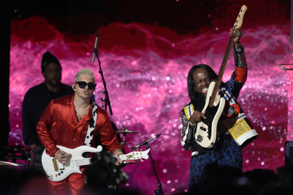 Andrew Watt, left, and Verdine White perform onstage at the 2024 Recording Academy Honors presented by The Black Music Collective in Los Angeles Thursday, Feb. 1, 2024. (AP Photo/Damian Dovarganes)