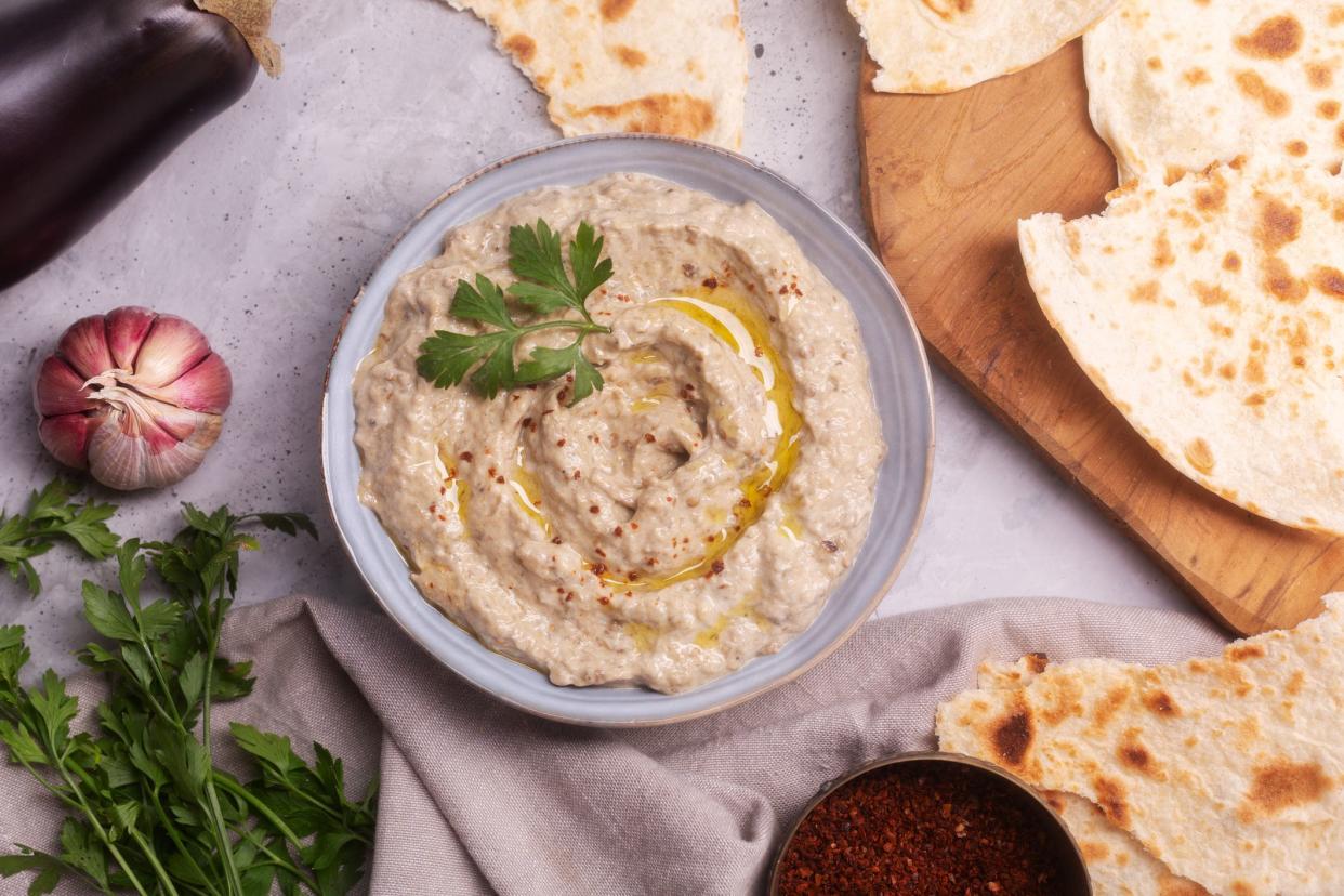 Baba ganoush Levantine or indian cuisine appetizer of baked eggplant and sesame paste