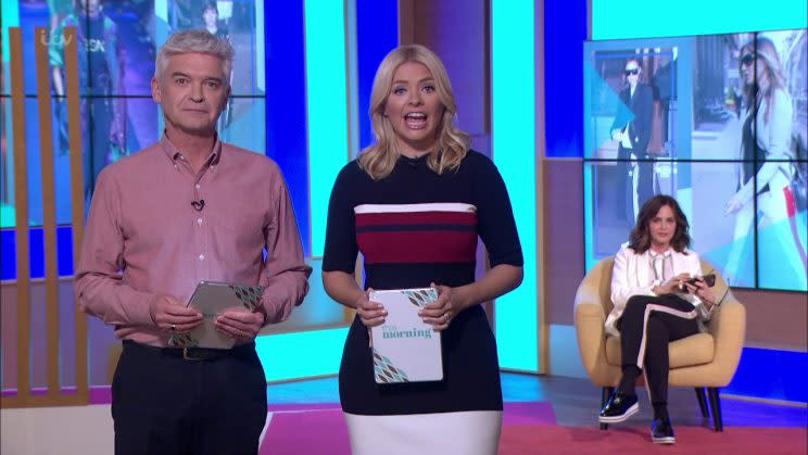 A bemused Phillip and Holly with Trinny on This Morning on Tuesday