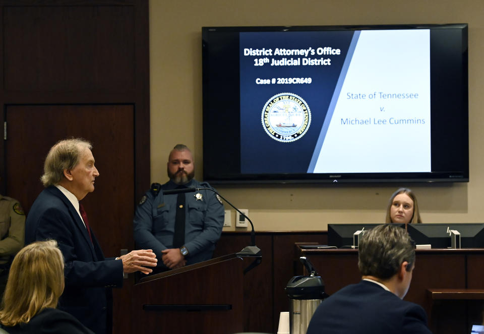 Sumner County District Attorney Lawrence Ray Whitley, left, speaks during a court hearing for Michael Cummins at the Sumner County Justice Center on Wednesday, Aug. 16, 2023, in Gallatin Tenn. Cummins who killed eight people in rural Westmoreland over several days in April 2019, has pleaded guilty to eight counts of first-degree murder in exchange for a sentence of life without parole. (Mark Zaleski/The Tennessean via AP, Pool)