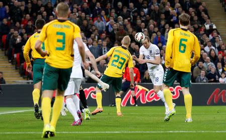 Football - England v Lithuania - UEFA Euro 2016 Qualifying Group E - Wembley Stadium, London, England - 27/3/15 England's Harry Kane scores their fourth goal Action Images via Reuters / Carl Recine Livepic