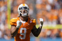 Tennessee defensive lineman Tyler Baron (9) celebrates his sack against Virginia in the second half of an NCAA college football game Saturday, Sept. 2, 2023, in Nashville, Tenn. Tennessee won 49-13. (AP Photo/George Walker IV)