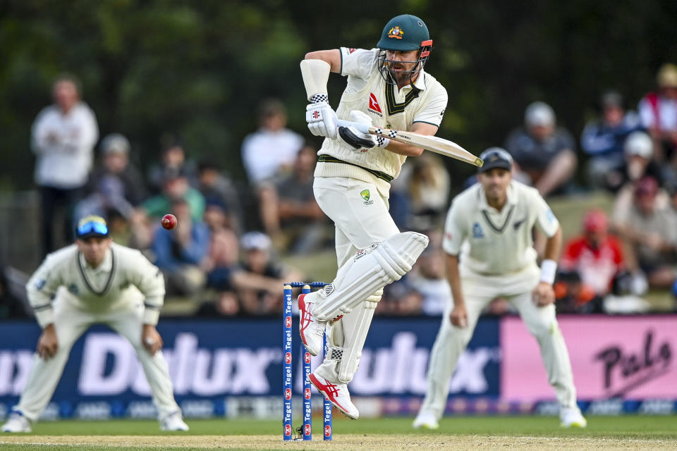 Australia's Travis Head bats on day three of the second cricket test between New Zealand and Australia in Christchurch, New Zealand, Sunday, March 10, 2024. (John Davidson/Photosport via AP)