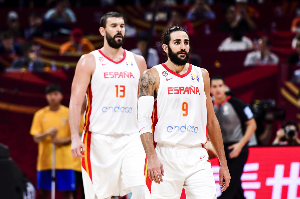 BEIJING, CHINA - SEPTEMBER 13:  #9 Ricky Rubio and Marc Gasol of Spain during the semi-finals march between Spain and Australia of 2019 FIBA World Cup at the Cadillac Arena on September 13, 2019 in Beijing, China.  (Photo by Di Yin/Getty Images)