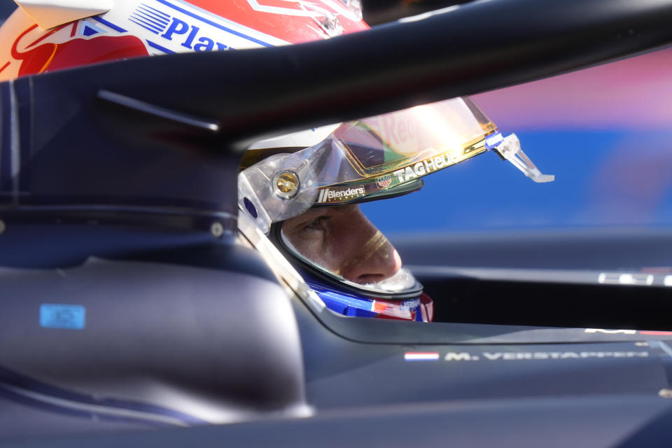 Red Bull driver Max Verstappen of the Netherlands steers his car qualifying session for the Italy's Emilia Romagna Formula One Grand Prix at the Dino and Enzo Ferrari racetrack in Imola, Italy, Saturday, May 18, 2024. (AP Photo/Luca Bruno, Pool)