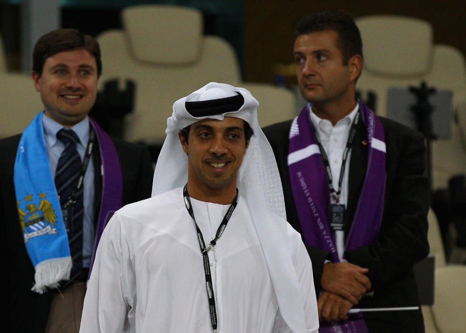 AL AIN, UNITED ARAB EMIRATES - MAY 15:  Manchester City owner Sheikh Mansour bin Zayed Al Nahyan are pictured  during the friendly match between Al Ain and Manchester City at Hazza bin Zayed Stadium on May 15, 2014 in Al Ain, United Arab Emirates.  (Photo by Francois Nel/Getty Images)