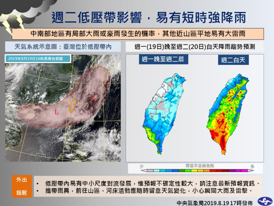 明天白天以前各地降雨機率高，尤其中南部出現陣雨或雷雨的時間長，雨勢可能比今天更明顯。(取自報天氣 - 中央氣象局臉書)