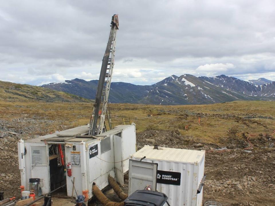 A drilling rig used by B.C.-based Metallic Minerals Corp. during its 2018 exploration season in Yukon. The company's plan to do 10 years' worth of seasonal exploration work on dozens of claims north of Mayo, Yukon, was approved by the Yukon government last year. (Metallic Minerals Corp. - image credit)