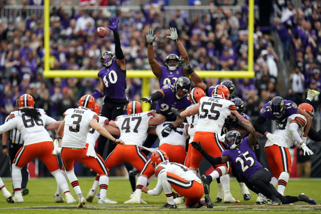 Cleveland Browns defensive end Takkarist McKinley (55) runs after the ball  during an NFL football game against the Baltimore Ravens, Sunday, Dec. 12,  2021, in Cleveland. (AP Photo/Kirk Irwin Stock Photo - Alamy