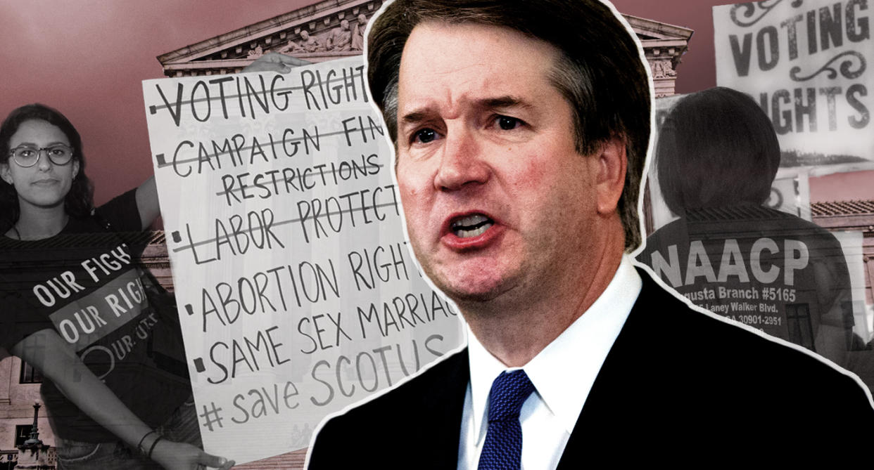 Judge Brett Kavanaugh (Photo illustration: Yahoo News; photos: Jeff Malet/Newscom via ZUMA Press, AP, Paul J. Richards/AFP/Getty Images, Zach Gibson/Getty Images)