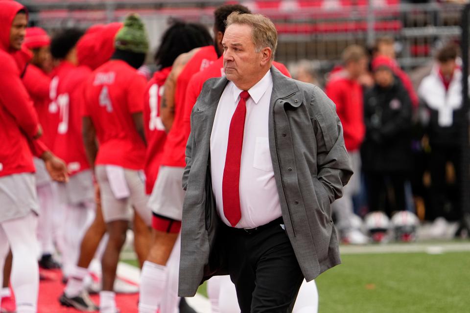 Nov 12, 2022; Columbus, Ohio, USA; Ohio State Buckeyes offensive coordinator Kevin Wilson walks across the field prior to the NCAA football game against the Indiana Hoosiers at Ohio Stadium. Mandatory Credit: Adam Cairns-The Columbus Dispatch