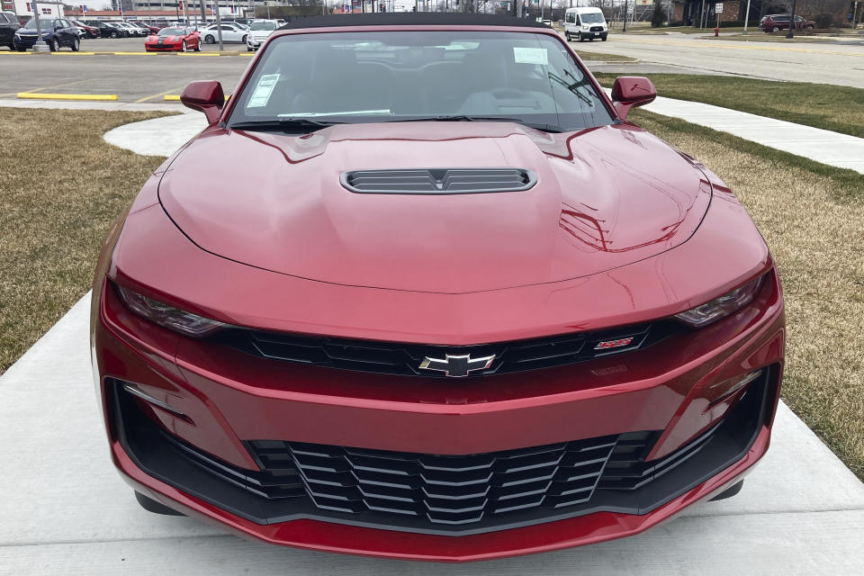 A 2023 Chevy Camaro 2SS Convertible is seen at a Chevy dealership in Wheeling, Ill., Wednesday, March 22, 2023. The Chevrolet Camaro is going out of production. General Motors, which sells the brawny muscle car, said Wednesday, March 22, 2023 it will stop making the current generation early next year. (AP Photo/Nam Y. Huh)