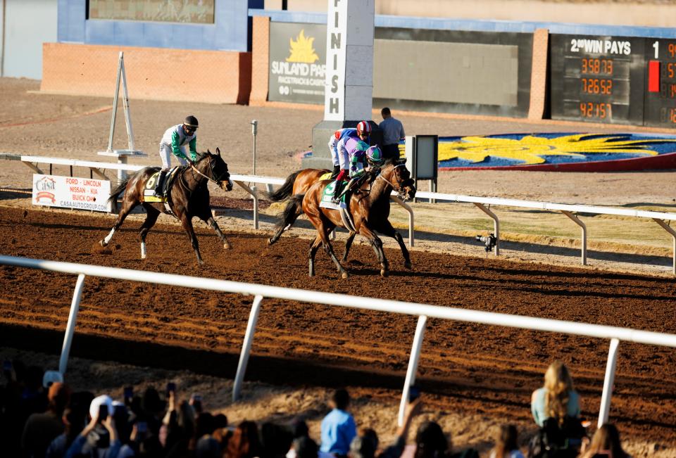 Jockey Joel Rosario and Stronghold (5) cross the finish line to win the Sunland Park Derby at Sunland Park Racetrack & Casino, in Sunland Park, New Mexico, Sunday, February 18, 2024. The 19th annual Sunland Park Derby (Grade III) Stakes was the premiere race of the day and the $400,000 race gives the winner 20 qualifying points towards entrance into the 2024 Kentucky Derby.