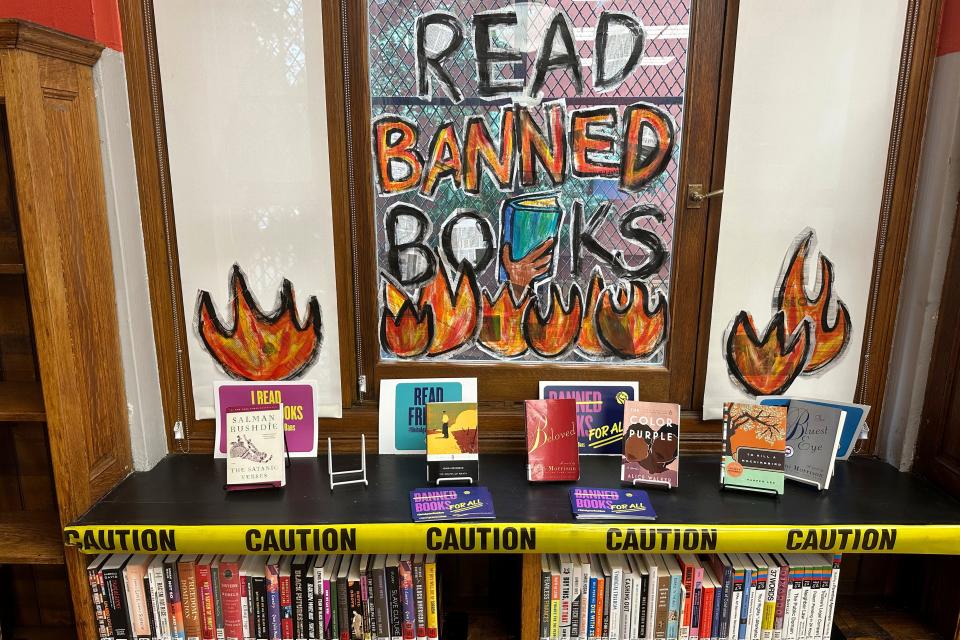 A Banned Books Week display is at the Mott Haven branch of the New York Public Library in the Bronx borough of New York City on Saturday, October 7, 2023.