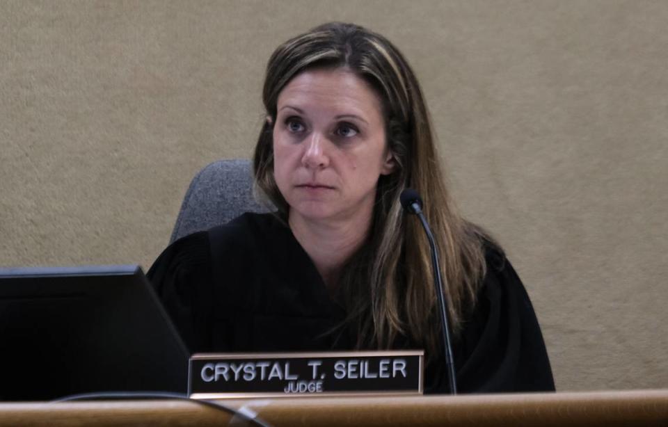 San Luis Obispo Superior Court Judge Crystal Seiler listens to victim impact statements on June 10, 2024, during Andrea Bowen-Gardner’s sentencing for three felony counts of embezzlement and one felony count of writing a bad check. Bowen-Gardner pleaded no contest to the crimes after being accused of consigning items at her store, Timeless Treasures, and not paying consigners once their items sold.