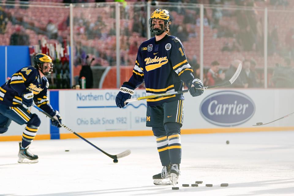 Feb 18, 2023; Cleveland, Ohio, USA;  Michigan Wolverines forward Adam Fantilli (19) warms up prior to the Faceoff on the Lake outdoor NCAA men’s hockey game against the Ohio State Buckeyes at FirstEnergy Stadium. Mandatory Credit: Adam Cairns-The Columbus Dispatch