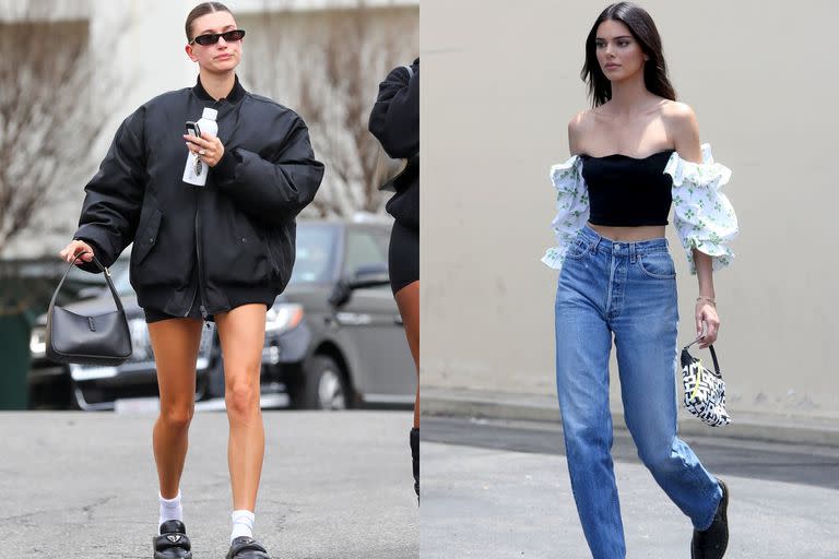  Hailey Bieber con sus clásicos calcetines y gafas de sol y Kendall Jenner con jean y top de mangas